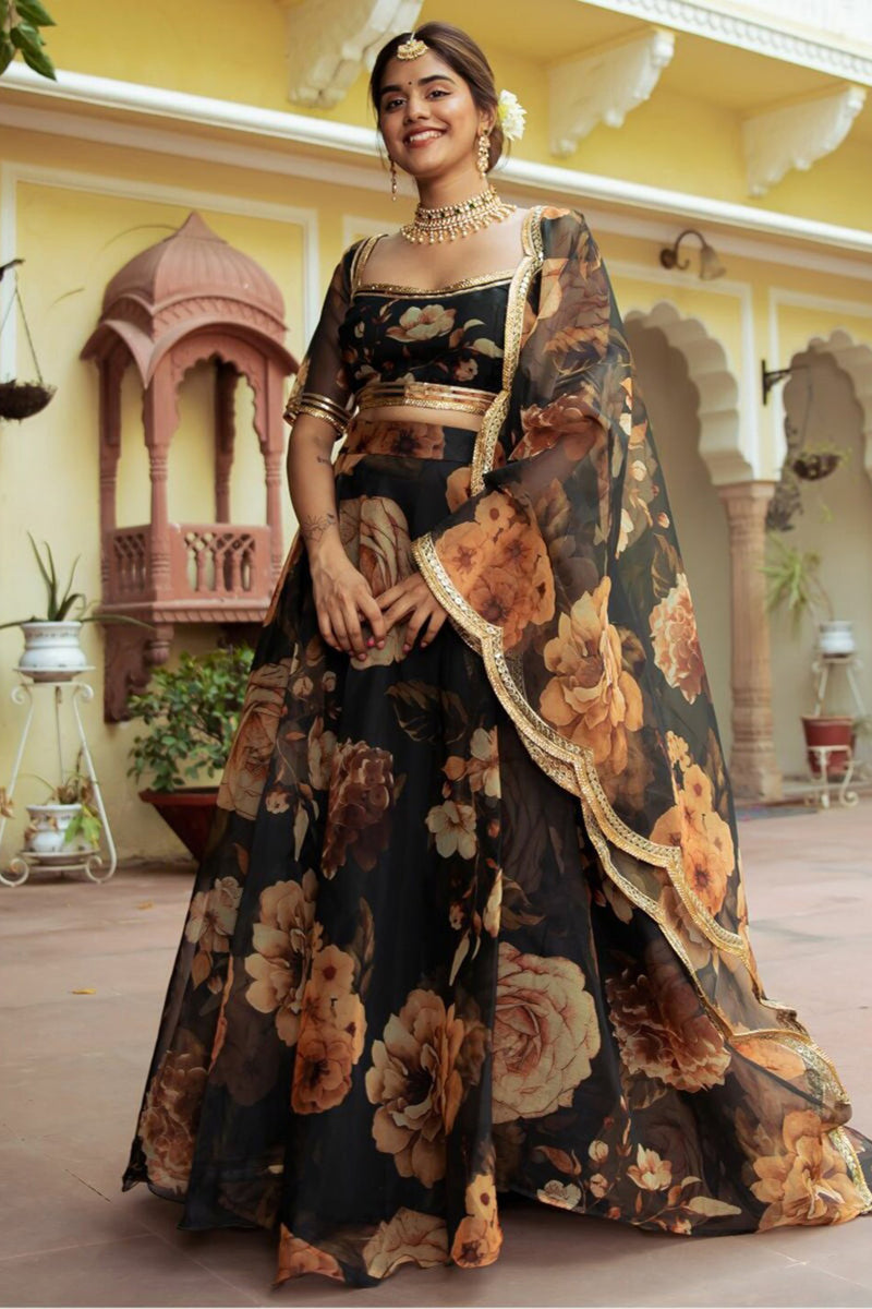 Buy Black Floral Printed Organza Reception Wear Lehenga Choli