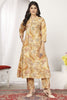 Alluring Beige Floral Printed Chanderi Office Wear Kurti With Pant