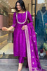 Awesome Violet Embroidered Silk Wedding Wear Pant Suit With Dupatta