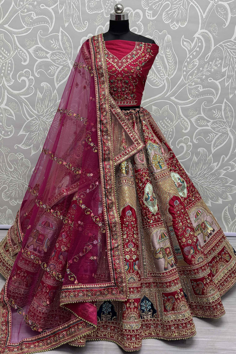 Rani Pink and Orange Silk Embroidered Bridal Lehenga Choli main image 0