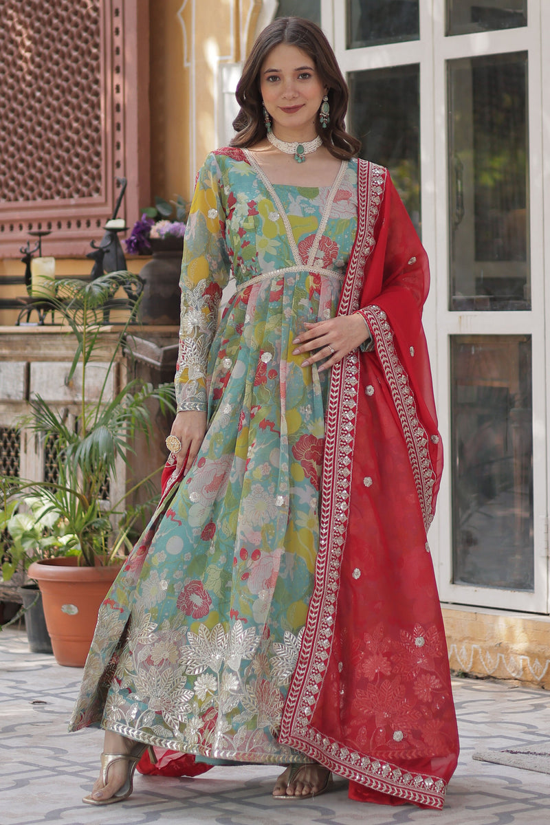 Spectacular Blue Border Work Rayon Festival Wear Gown With Dupatta