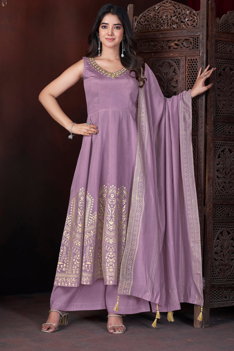 Exclusive Lavender Fendy Silk Embroidery Palazzo Suit main image 0