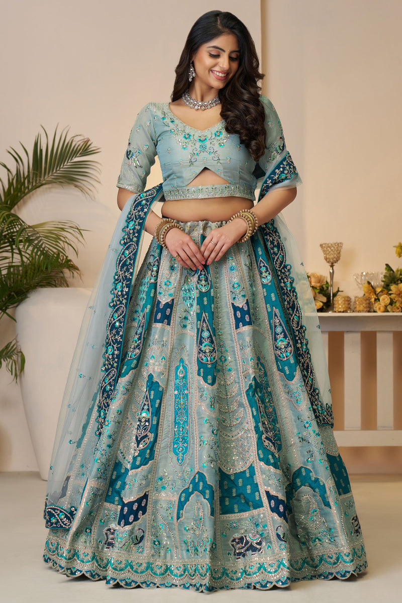 Blue And Pink Colored Festive Wear Woven Banarsi Silk Lehenga Choli main image 1