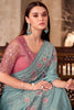 Mesmerizing Sky-Blue Border Work Crepe Party Wear Saree With Blouse