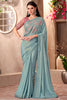 Mesmerizing Sky-Blue Border Work Crepe Party Wear Saree With Blouse