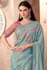 Mesmerizing Sky-Blue Border Work Crepe Party Wear Saree With Blouse