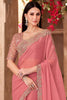 Outstanding Peach Border Work Georgette Engagement Wear Saree