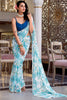 Adorable Sky Blue Floral Printed Chiffon Event Wear Saree With Blouse