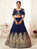 Stunning Navy Blue Floral Embroidery Velvet Bridal Lehenga Choli With Dupatta