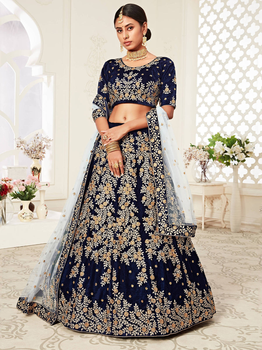 Navy Blue Embellished Fishcut Lehenga Set with Choker Dupatta