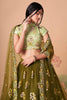 Olive Green Mirror Work Net Party Wear Lehenga Choli