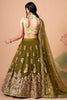 Olive Green Mirror Work Net Party Wear Lehenga Choli