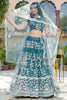 Lovely Teal Blue Thread Embroidered Net Wedding Wear Lehenga Choli