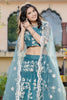 Lovely Teal Blue Thread Embroidered Net Wedding Wear Lehenga Choli
