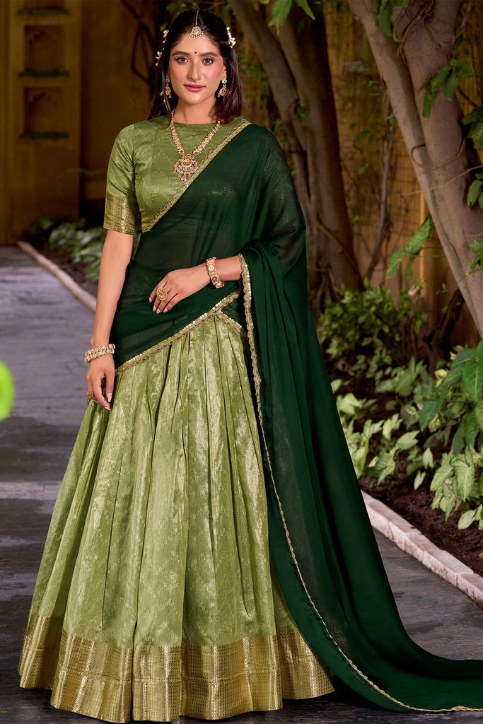 Precious Green Zari Weaving Silk Traditional Half Saree Lehenga