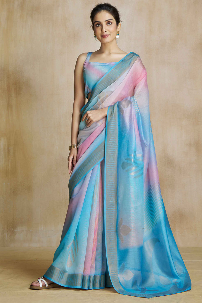 Alluring Sky Blue Digital Printed Silk Wedding Wear Saree With Blouse