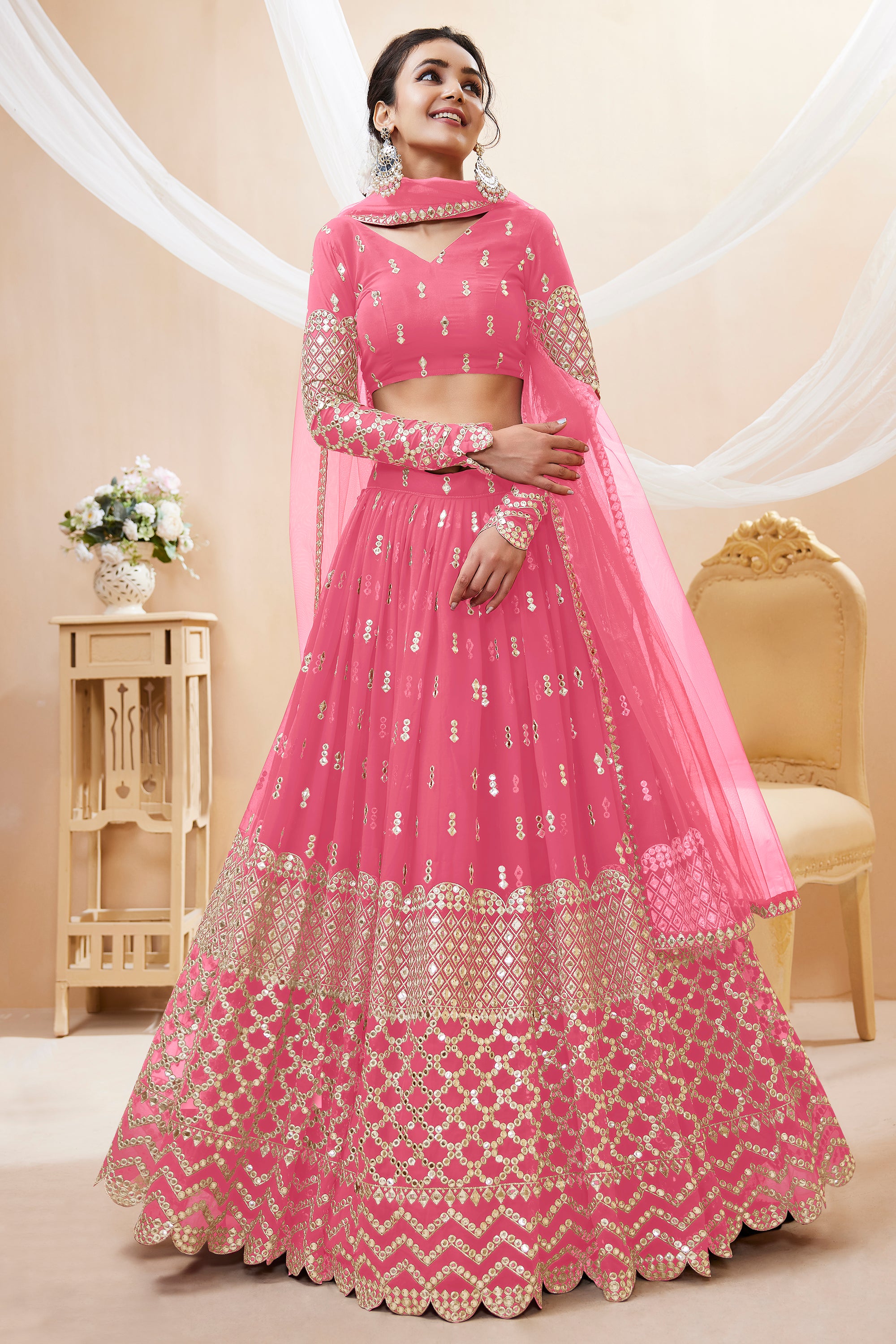 Pink Embroidered Georgette Wedding Wear Lehenga Choli