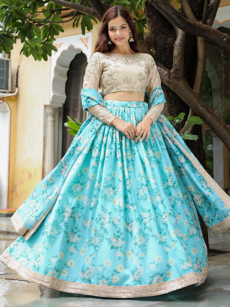 Stunning Sky Blue Floral Print Organza Wedding Lehenga Choli 