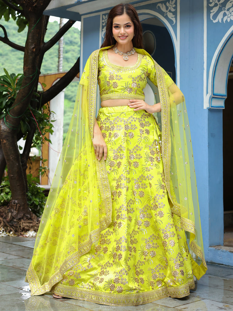 Beautiful Neon Embroidery Silk Wedding Lehenga Choli With Dupatta