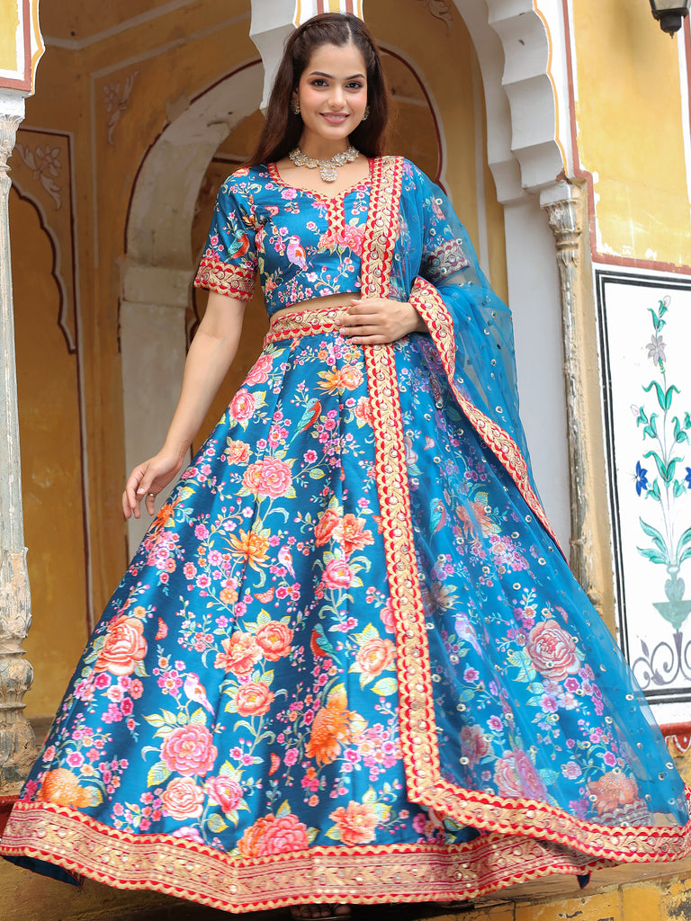 Amazing Blue Floral Printed Art Silk Sangeet Wear Lehenga Choli