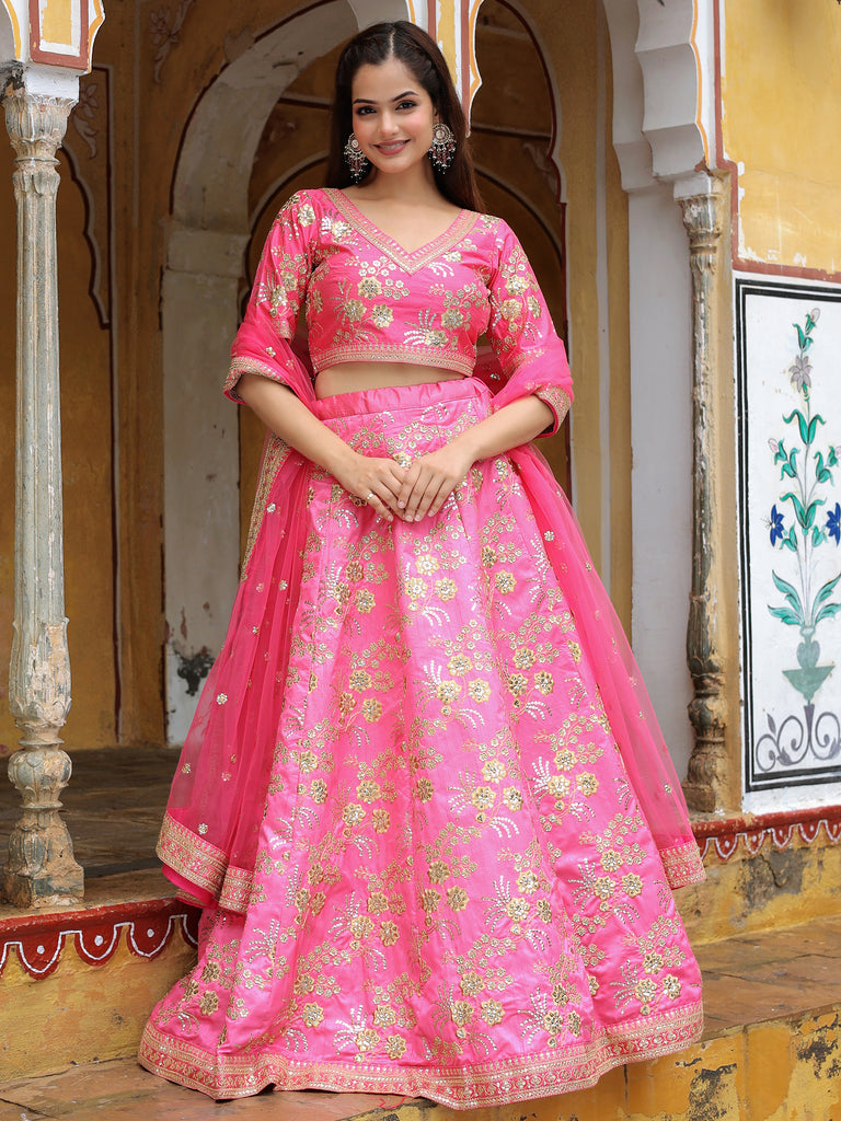 Awesome Pink Embroidery Silk Lehenga Choli With Dupatta