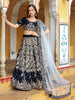 Enchanting Navy Blue Embroidered Velvet Wedding Lehenga Choli