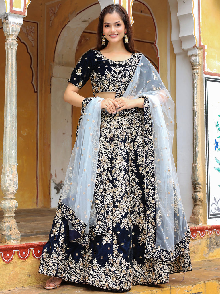 Enchanting Navy Blue Embroidered Velvet Wedding Lehenga Choli