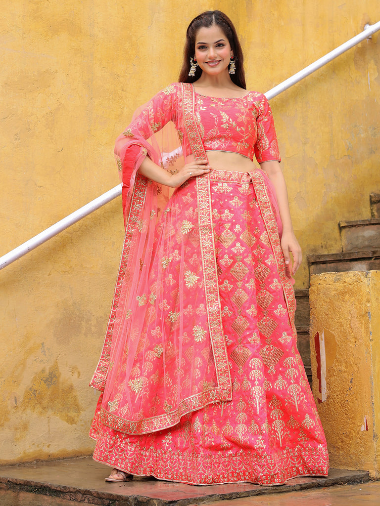 Beautiful Peach Embroidered Silk Wedding Lehenga Choli With Dupatta