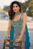 Dazzling Teal Blue Embroidered Chinon Wedding Wear Palazzo Suit