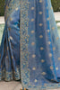 Incredible Teal Blue Embroidered Tissue Silk Function Wear Saree