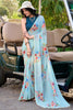 Delightful Sky-Blue Floral Printed Crepe Event Wear Saree With Blouse