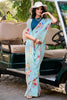 Delightful Sky-Blue Floral Printed Crepe Event Wear Saree With Blouse