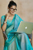 Lovely Aqua Blue Digital Printed Silk Event Wear Saree With Blouse