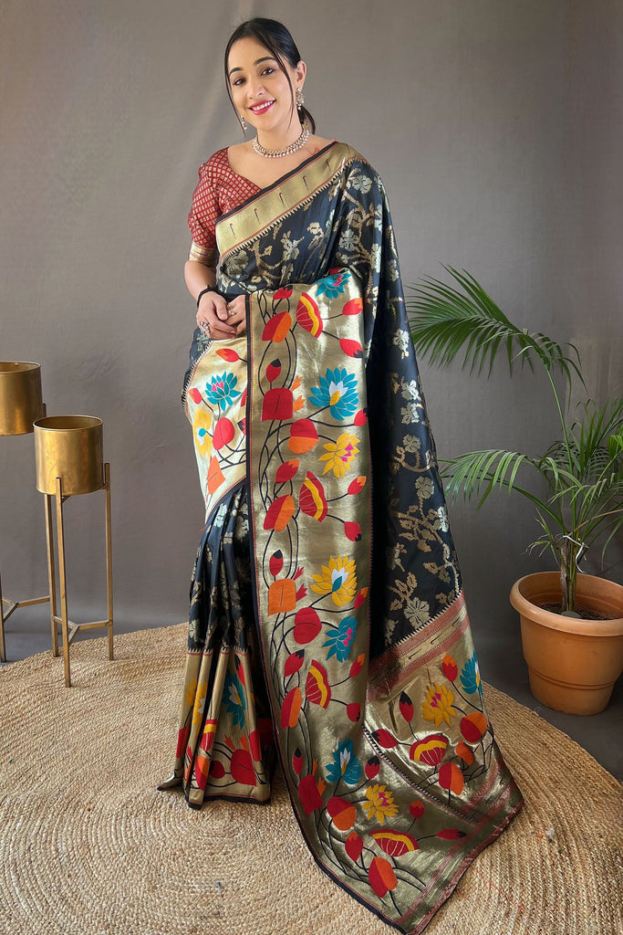 Lovely Black Weaving Paithani Silk Event Wear Saree With Blouse