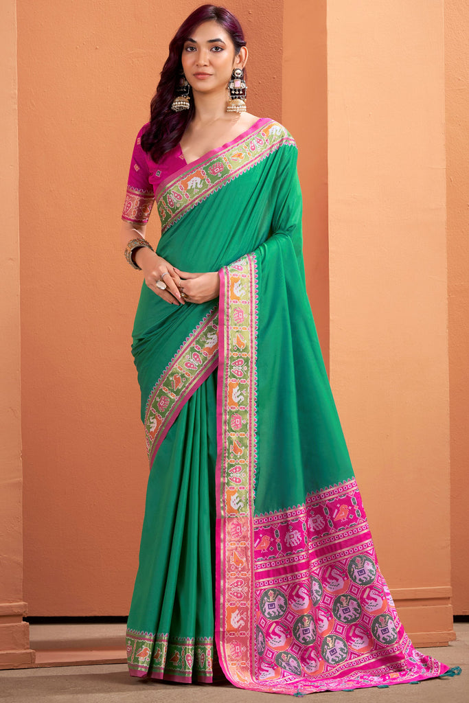 Precious Green Patola Printed Silk Traditional Saree With Blouse