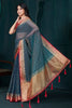 Adorable Blue Beads Work Jacquard Festival Wear Saree With Blouse