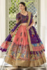 Attractive Peach Kalamkari Print Dola Silk Lehenga With Purple Choli
