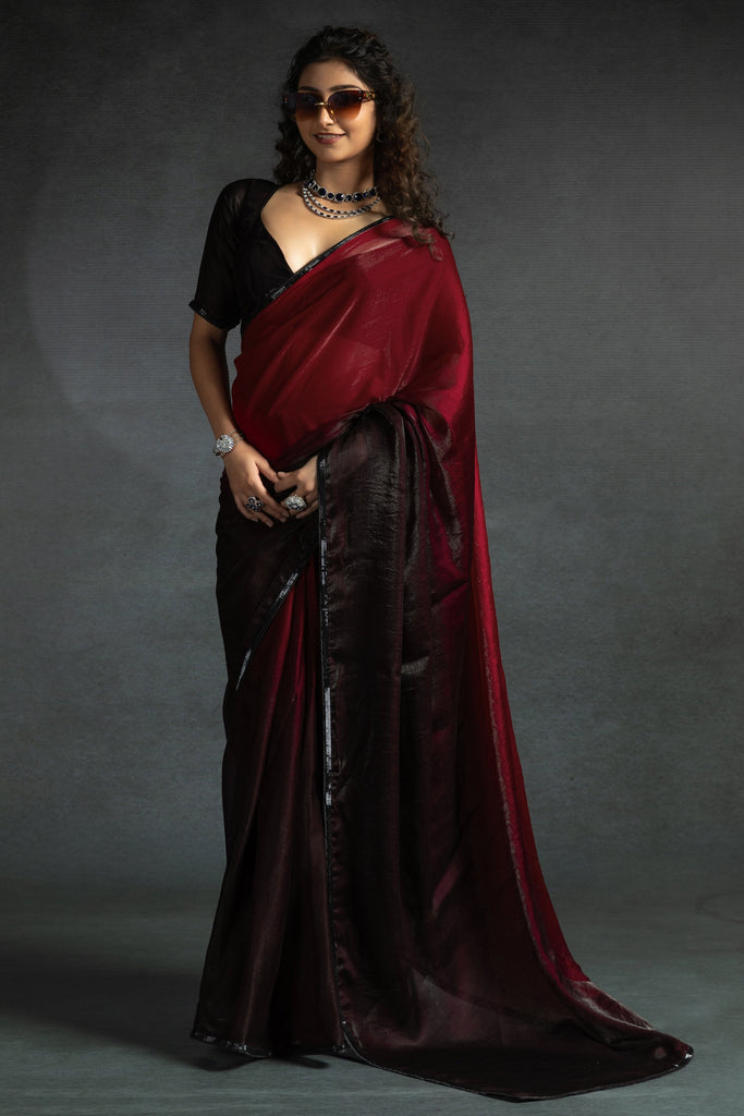 Ravishing Red Diamond Work Satin Party Wear Pre-Stitched Saree