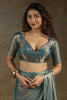 Lovely Dusty Blue Diamond Border Satin Party Wear Pre-Stitched Saree