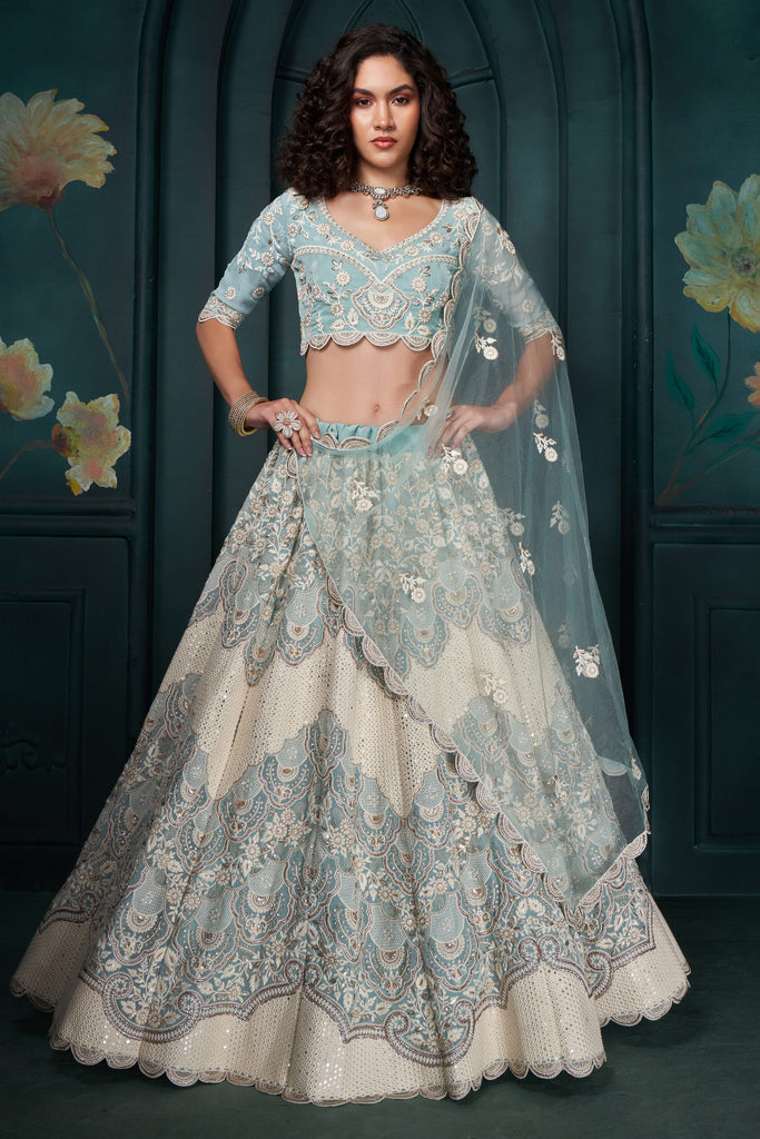 Stunning Firozi Sequins Georgette Designer Lehenga Choli