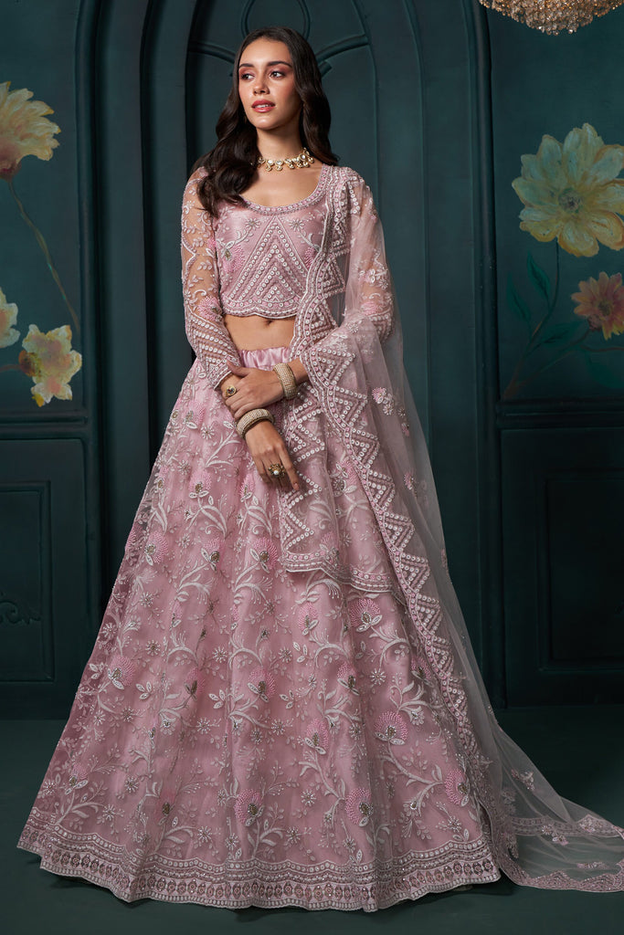 Alluring Pink Embroidered Net Engagement Wear Lehenga Choli