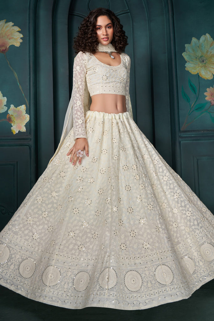 Charming Off-White Embroidered Georgette Wedding Wear Lehenga Choli