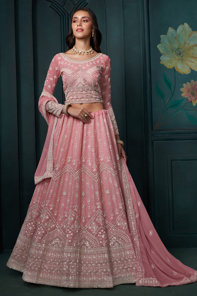 Fascinating Baby Pink Sequins Georgette Bridesmaid Lehenga Choli 