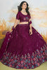 Striking Wine Color Thread Work Chinon Engagement Wear Lehenga Choli