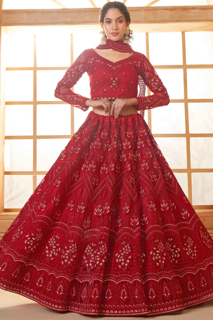 Beautiful Red Thread Embroidered Net Event Wear Lehenga Choli