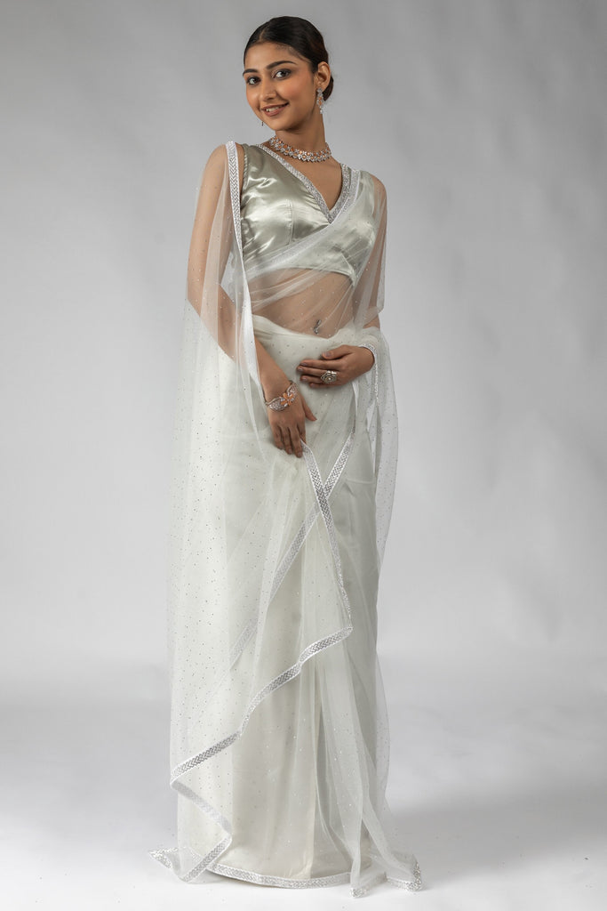 Pretty White Lace Border Work Net Function Wear Pre-Stitched Saree