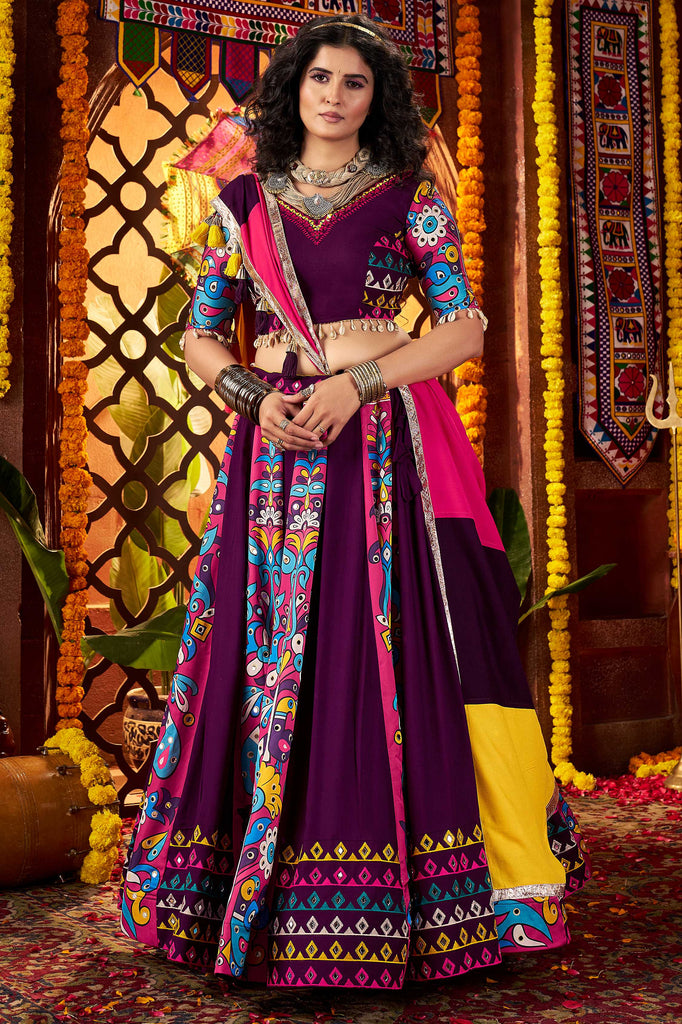 Splendid Purple Multi-Thread Cotton Navratri Lehenga Choli With Dupatta