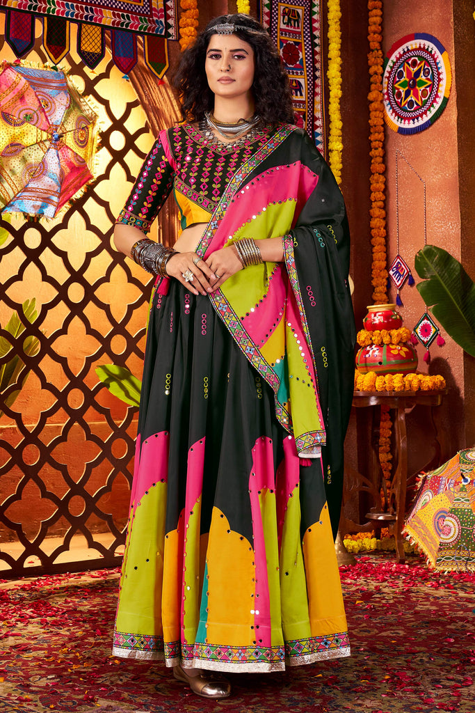 Classic Black Digital Printed Silk Navratri Special Lehenga Choli With Dupatta