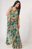 Alluring Teal Blue Floral Printed Organza Party Wear Saree