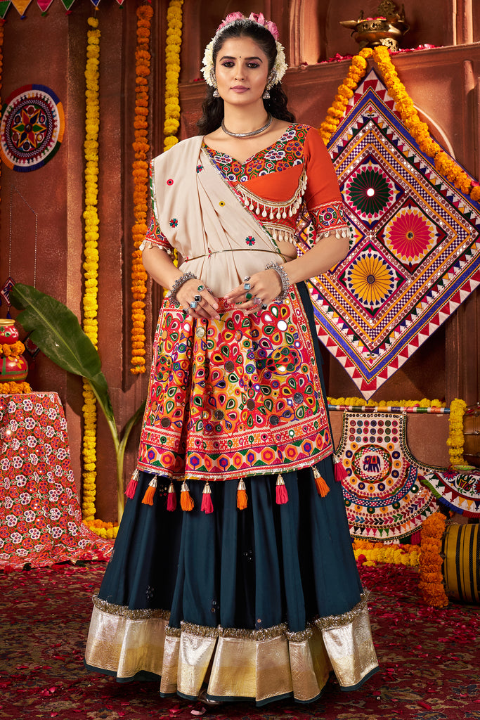 Precious Teal Blue Cotton Navratri Lehenga Choli With Thread Work Dupatta
